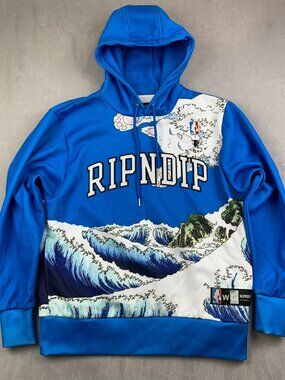 RipNDip Mens Sweater Small Blue Great Wave Hoodie MBN NBA Embroidered Art Cat